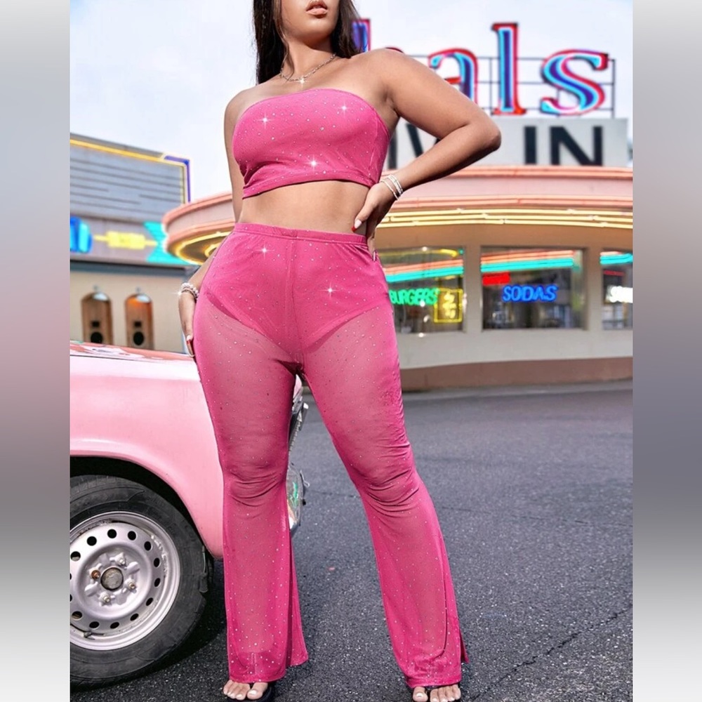 Two piece sheer pink sequin set
